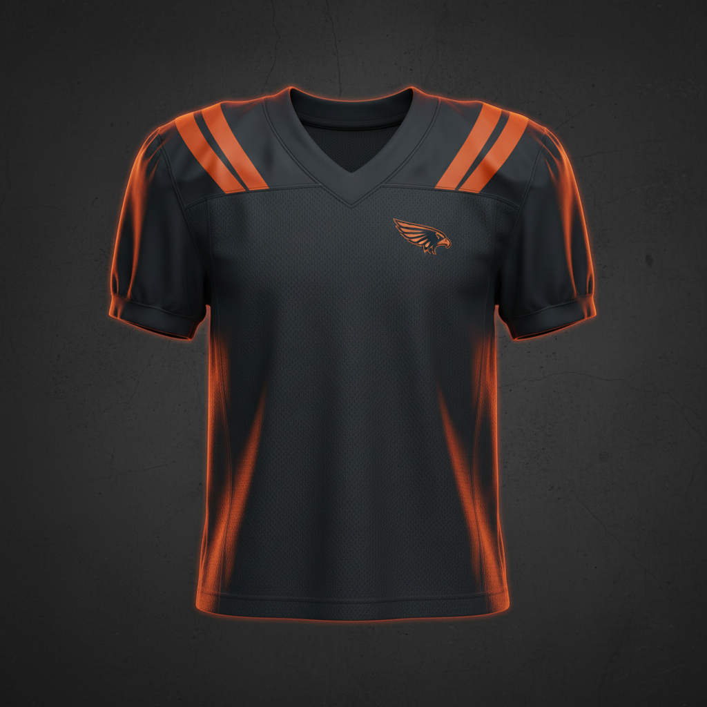 Alconbury Blackhawks charcoal away American football jersey with orange sleeve stripes